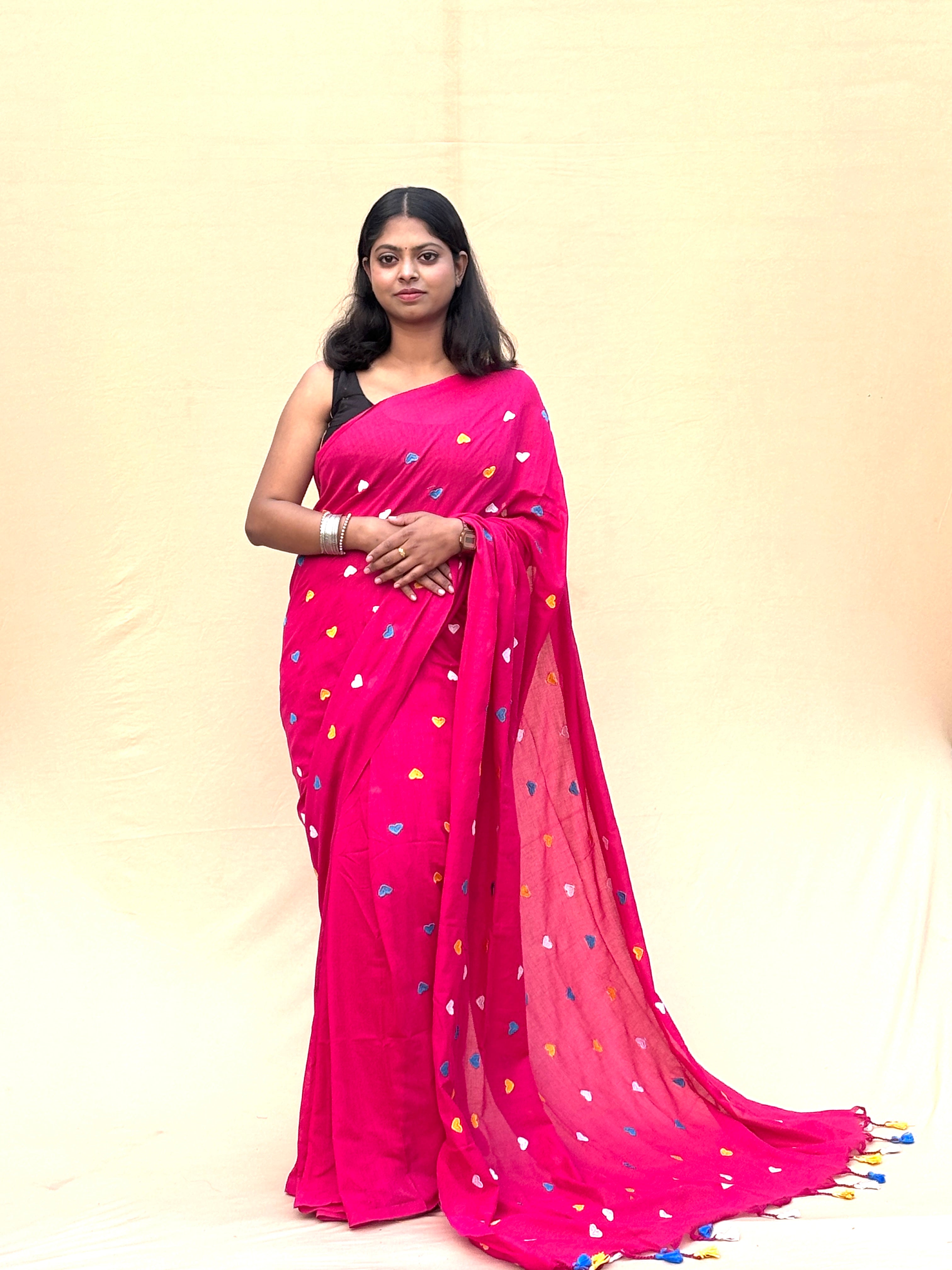 MAL Cotton Saree in Magenta Pink with Multicolor Motifs