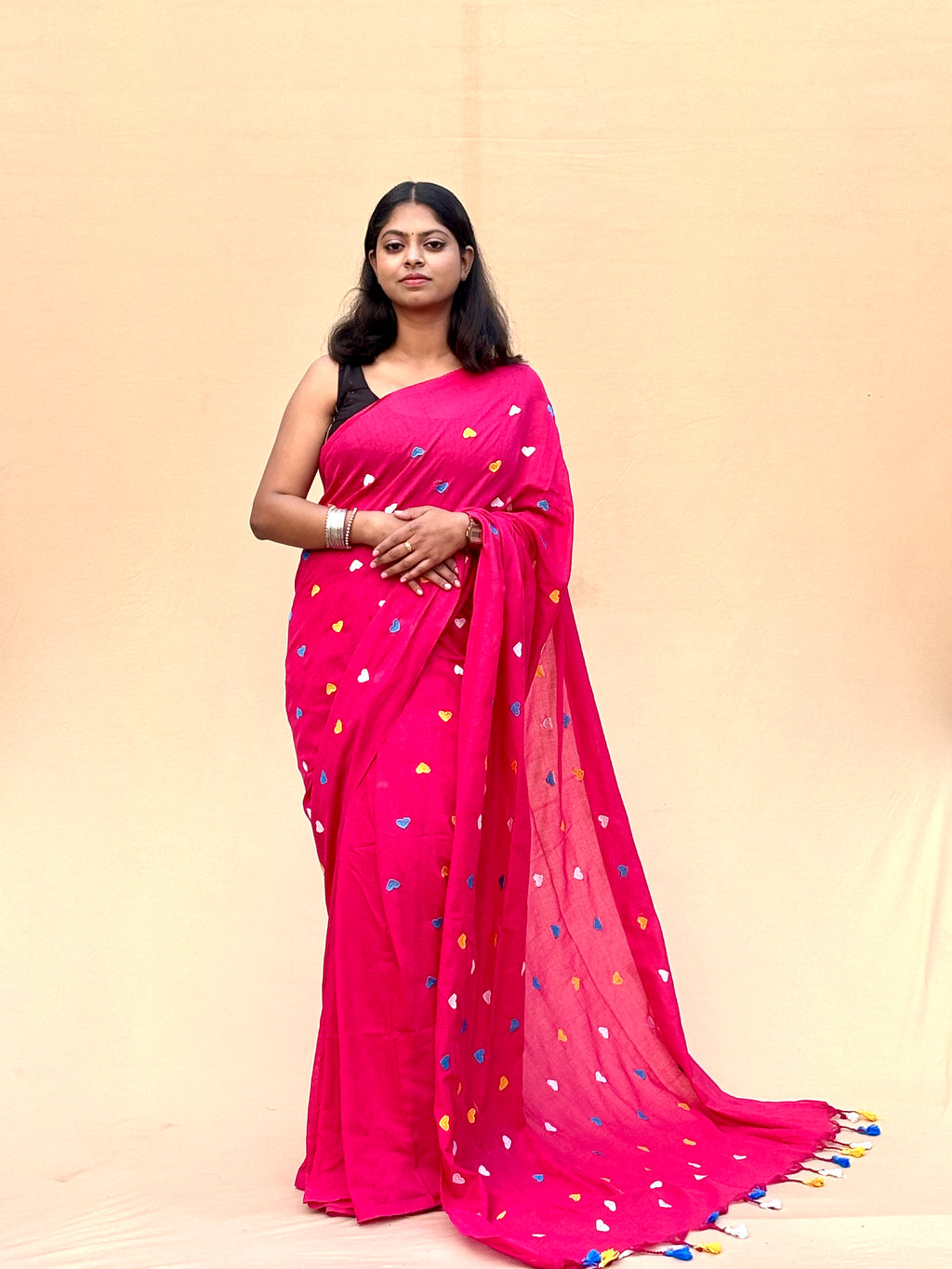 MAL Cotton Saree in Magenta Pink with Multicolor Motifs