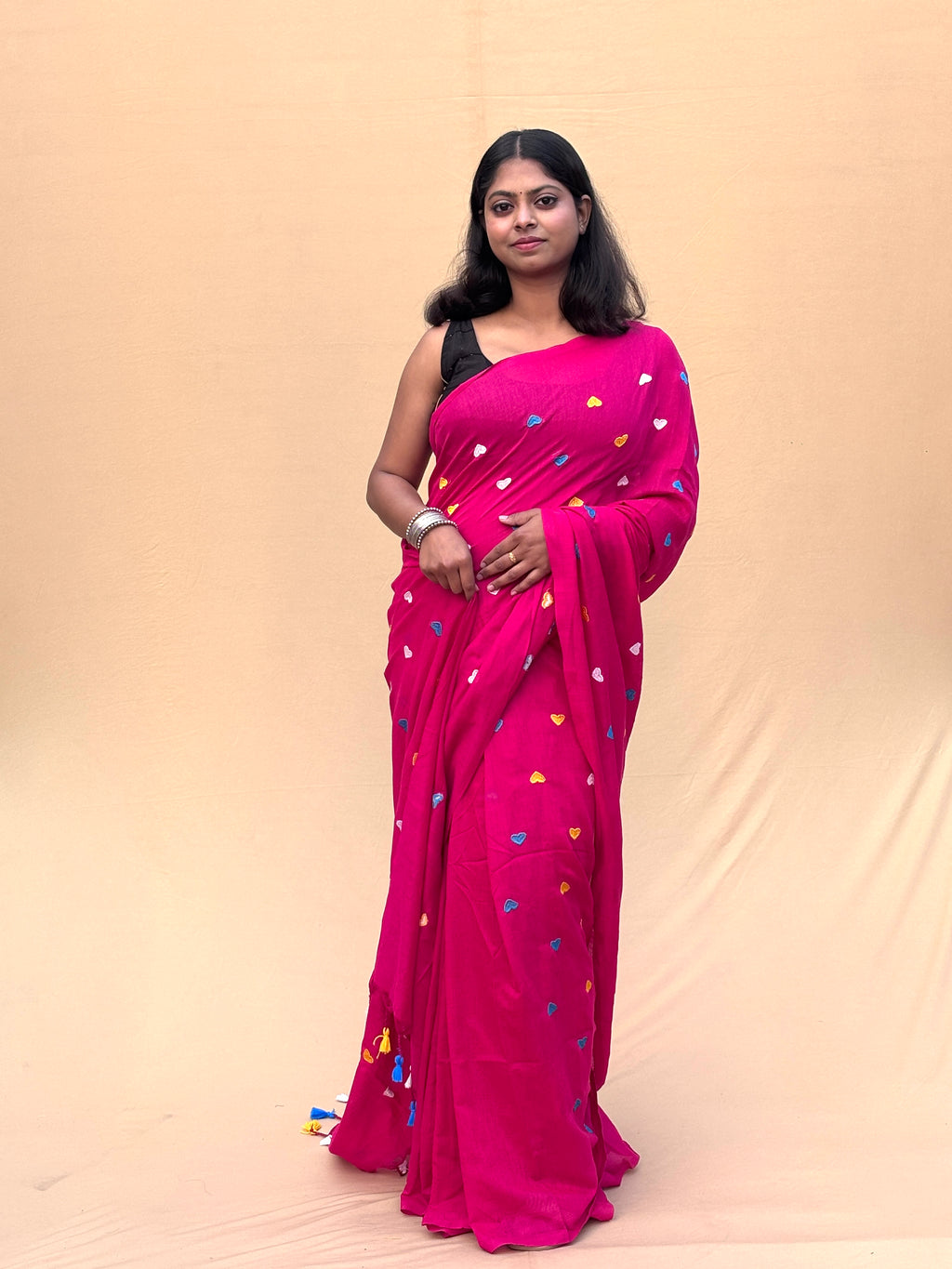 MAL Cotton Saree in Magenta Pink with Multicolor Motifs