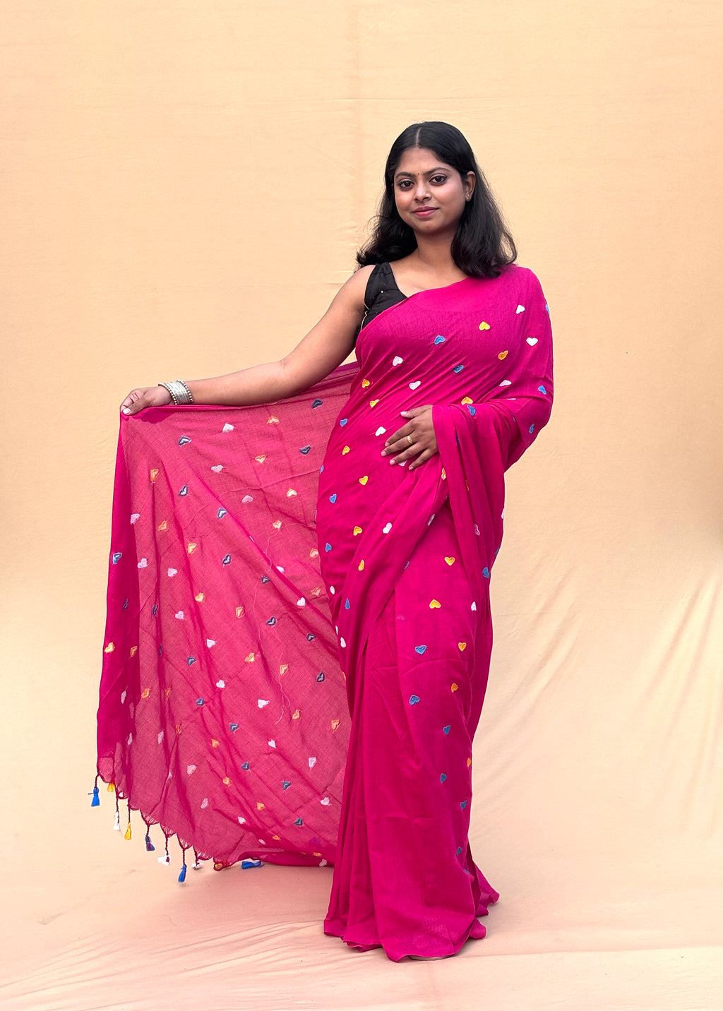 MAL Cotton Saree in Magenta Pink with Multicolor Motifs