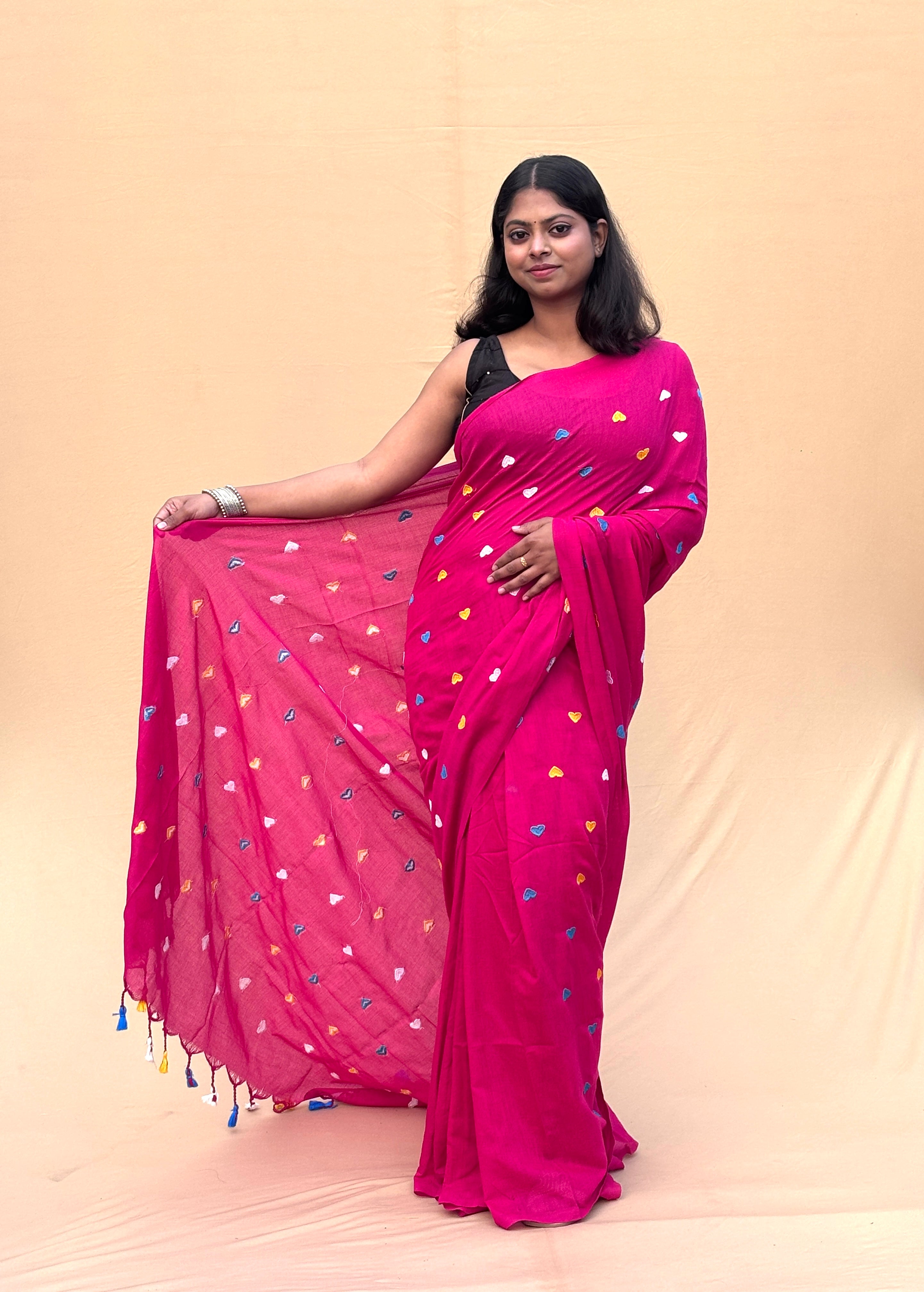 MAL Cotton Saree in Magenta Pink with Multicolor Motifs