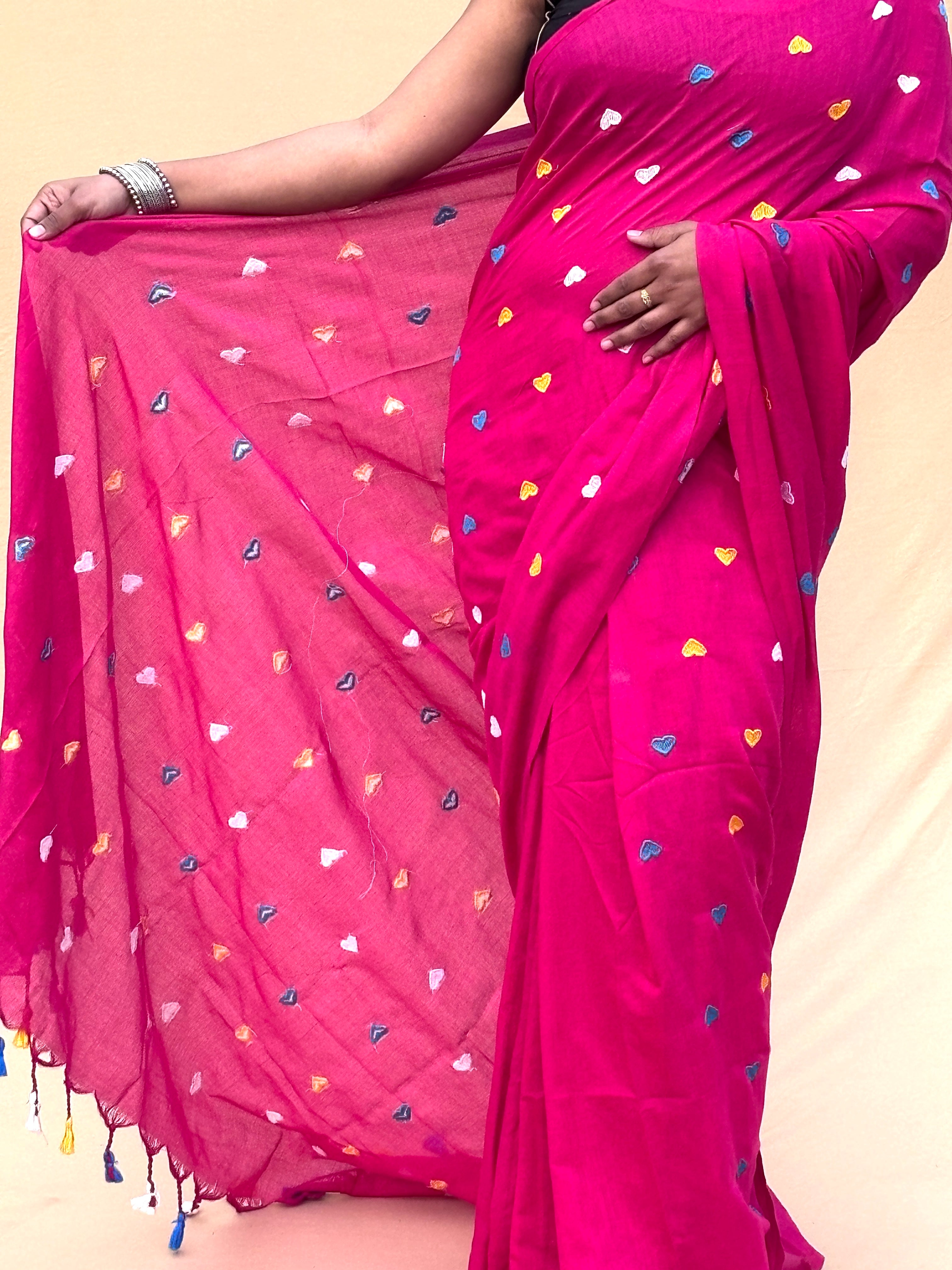 MAL Cotton Saree in Magenta Pink with Multicolor Motifs