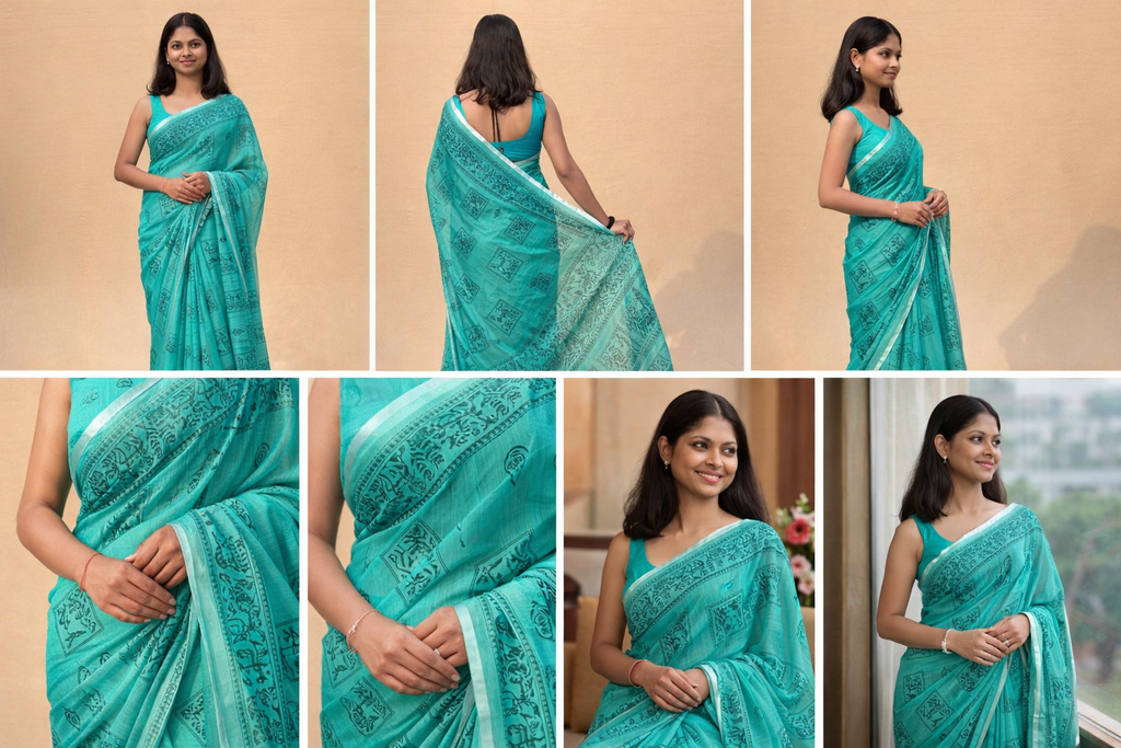 Teal Green Mal Cotton Printed Saree with Traditional Motifs