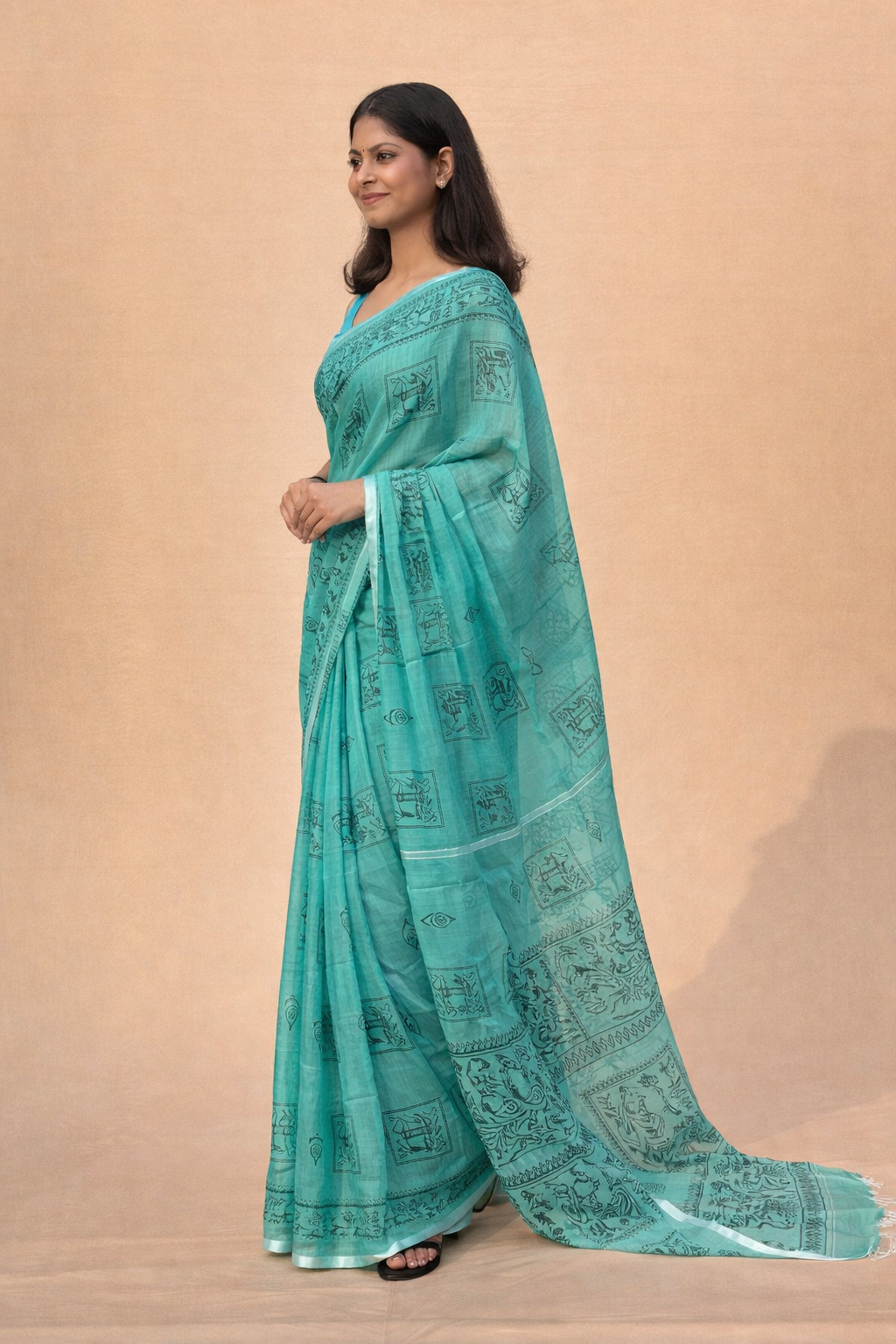 Teal Green Mal Cotton Printed Saree with Traditional Motifs