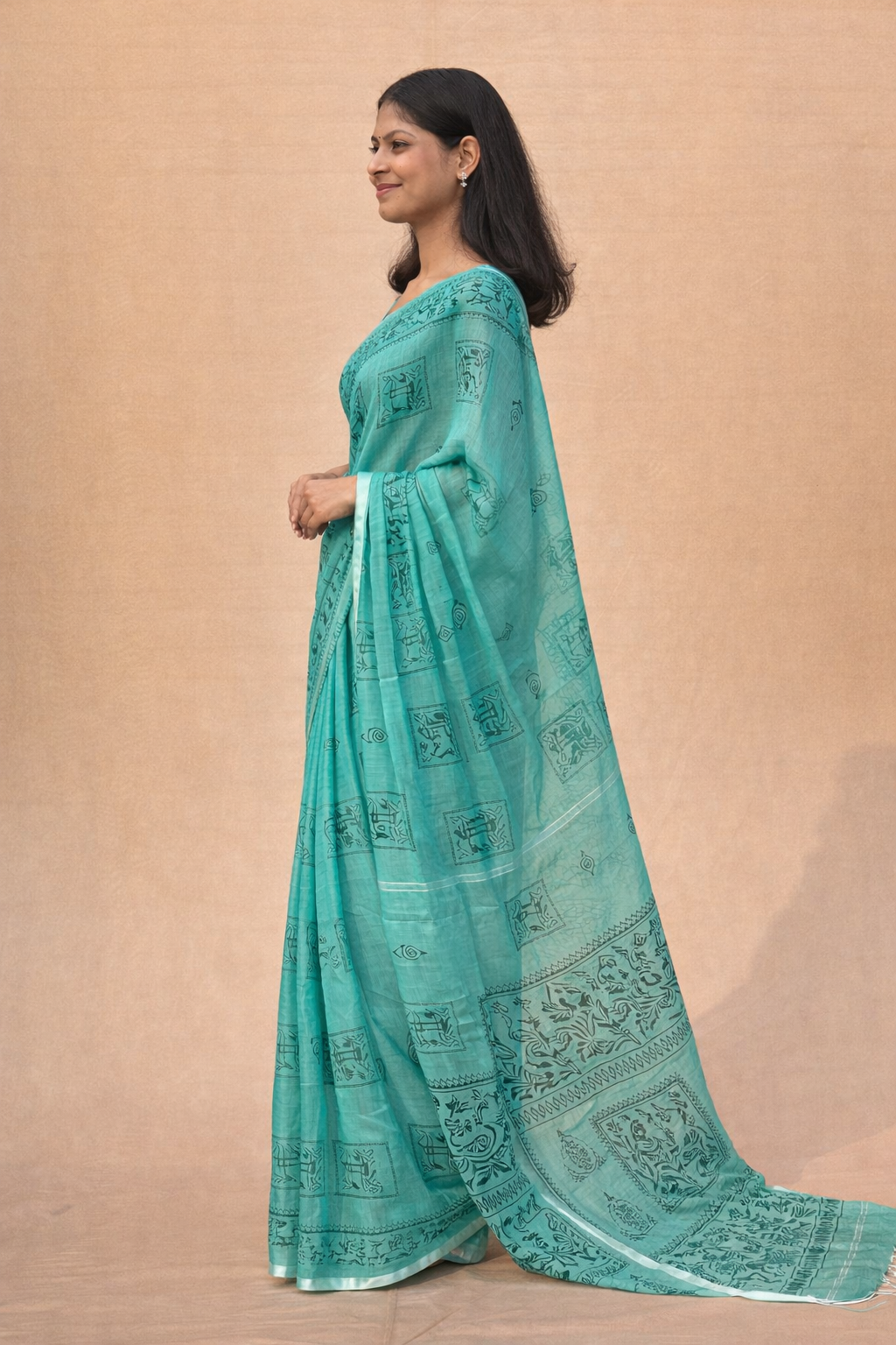 Teal Green Mal Cotton Printed Saree with Traditional Motifs