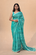 Teal Green Mal Cotton Printed Saree with Traditional Motifs