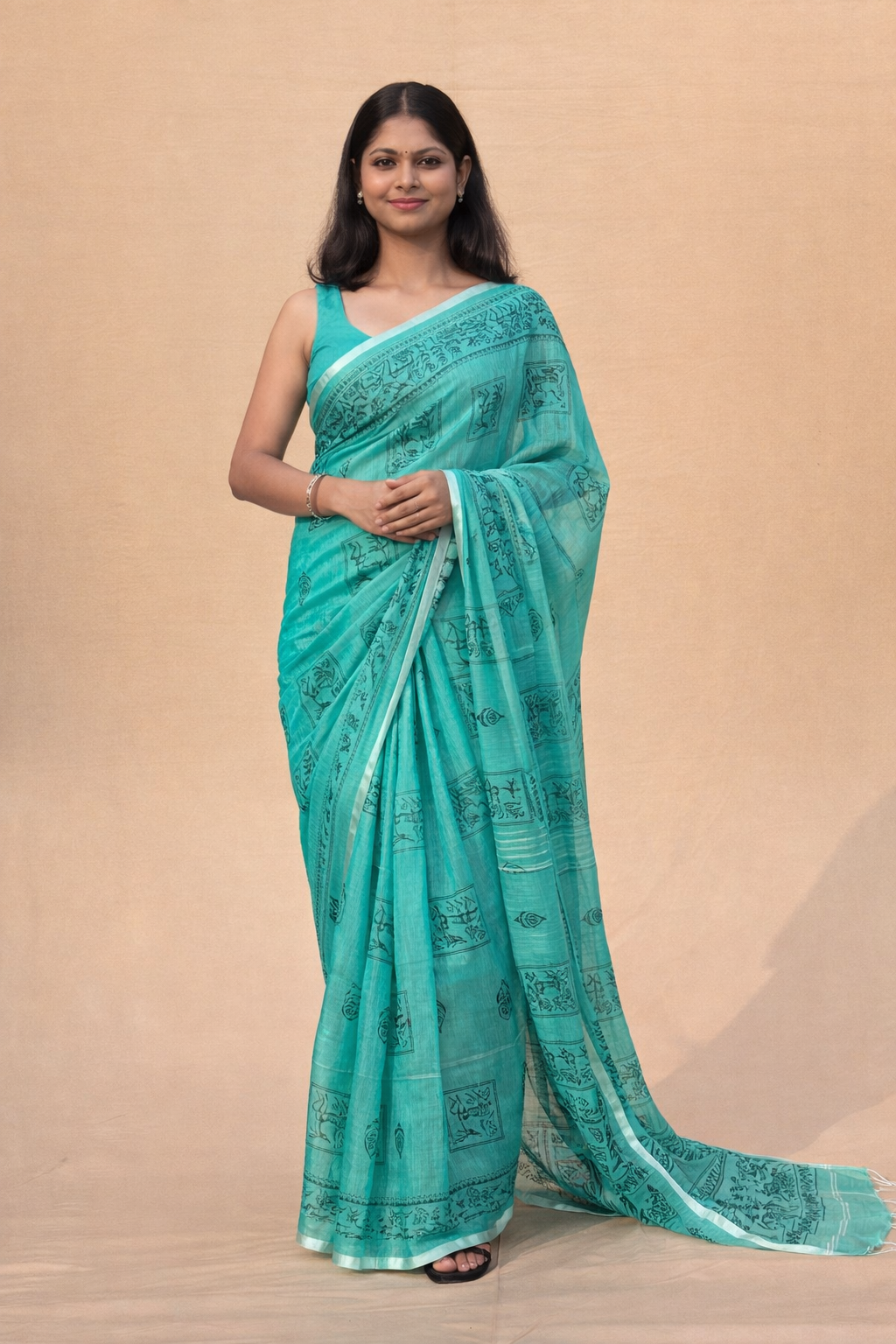 Teal Green Mal Cotton Printed Saree with Traditional Motifs