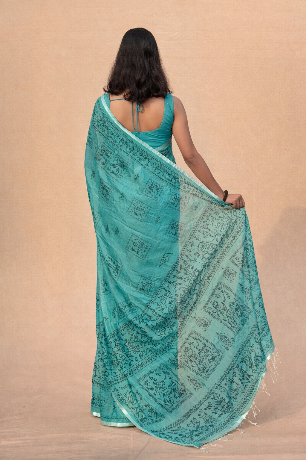Teal Green Mal Cotton Printed Saree with Traditional Motifs