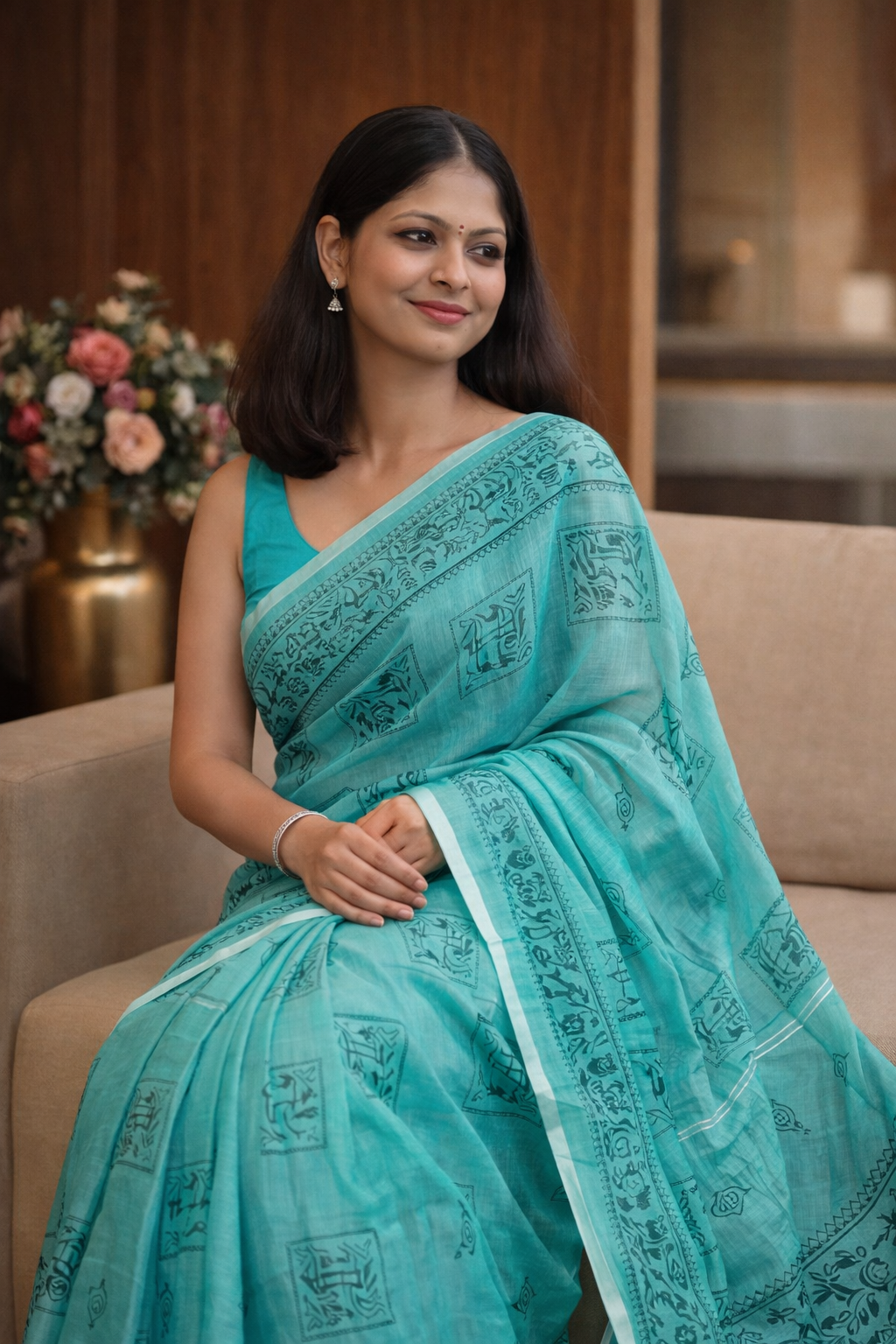 Teal Green Mal Cotton Printed Saree with Traditional Motifs