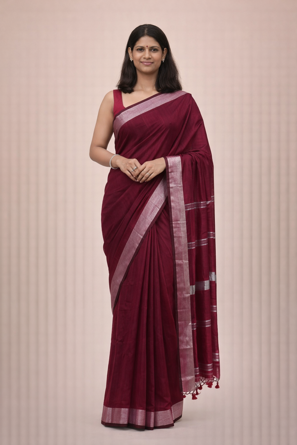 Wine Maroon Mal Cotton Saree with Silver Border