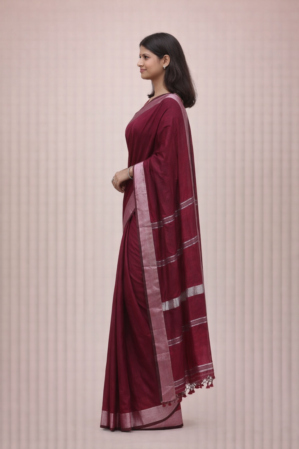 Wine Maroon Mal Cotton Saree with Silver Border