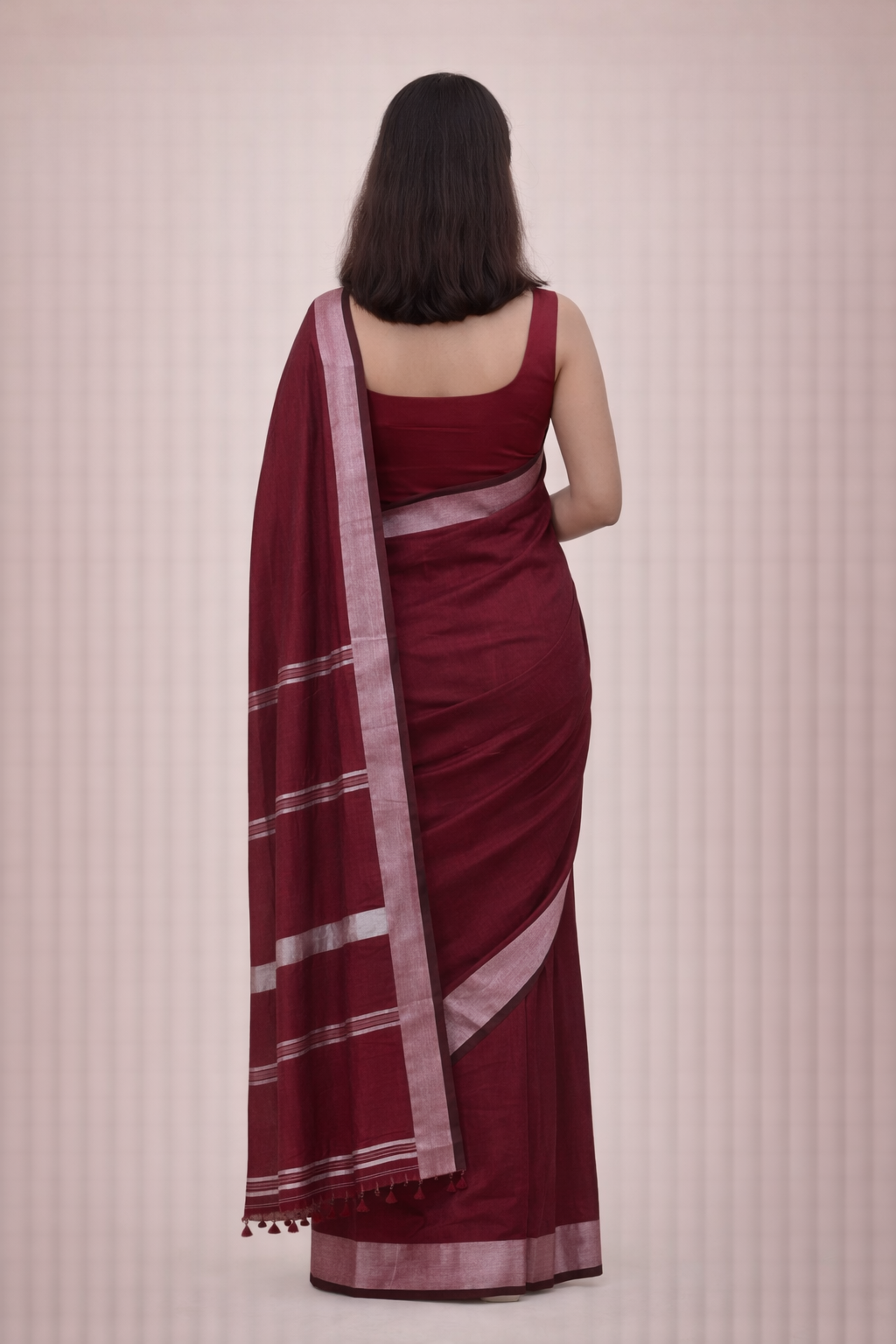Wine Maroon Mal Cotton Saree with Silver Border
