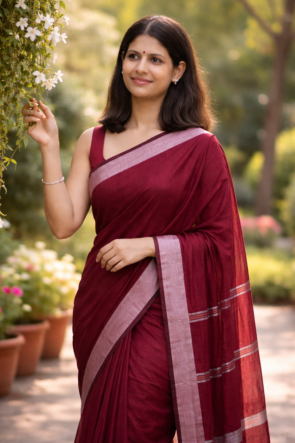 Wine Maroon Mal Cotton Saree with Silver Border
