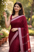 Wine Maroon Mal Cotton Saree with Silver Border