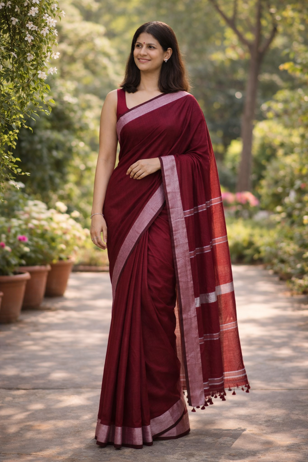 Wine Maroon Mal Cotton Saree with Silver Border