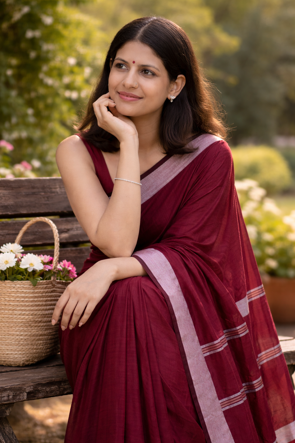 Wine Maroon Mal Cotton Saree with Silver Border