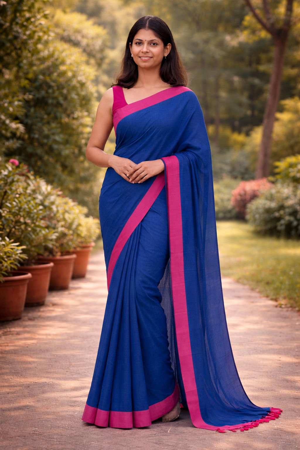 Mal  Cotton Saree in Teal Blue with Pink Border
