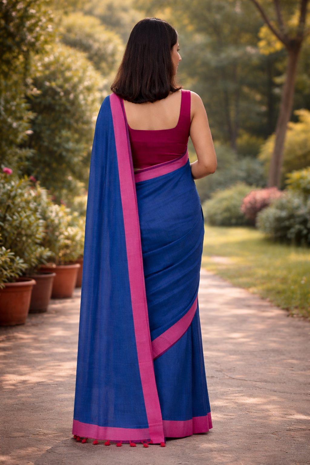 Mal  Cotton Saree in Teal Blue with Pink Border