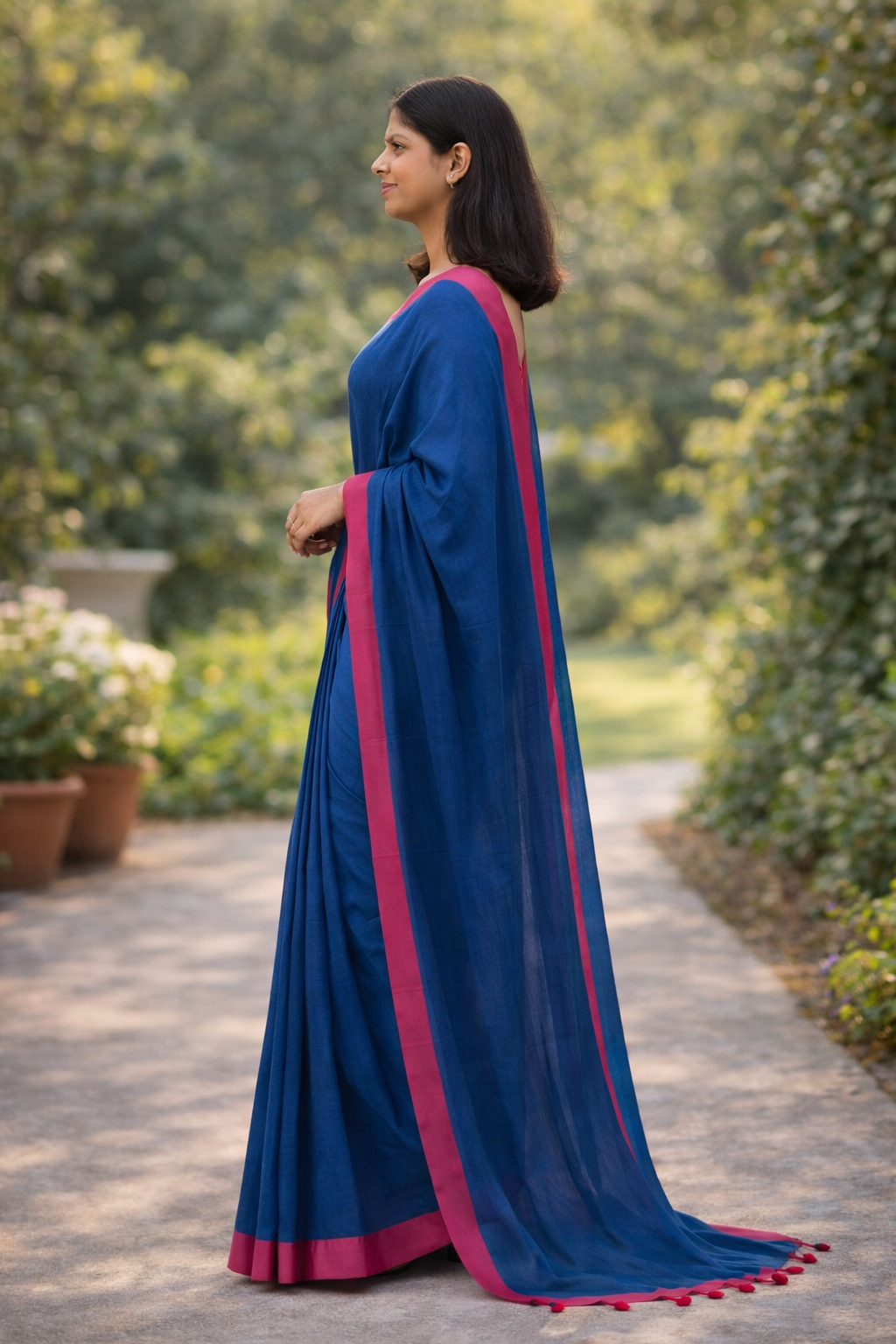 Mal  Cotton Saree in Teal Blue with Pink Border