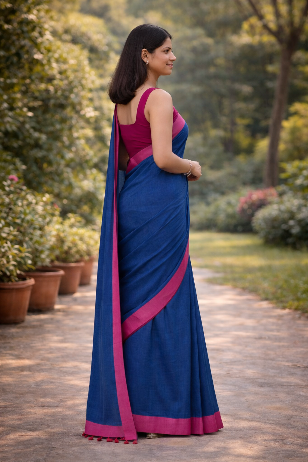 Mal  Cotton Saree in Teal Blue with Pink Border