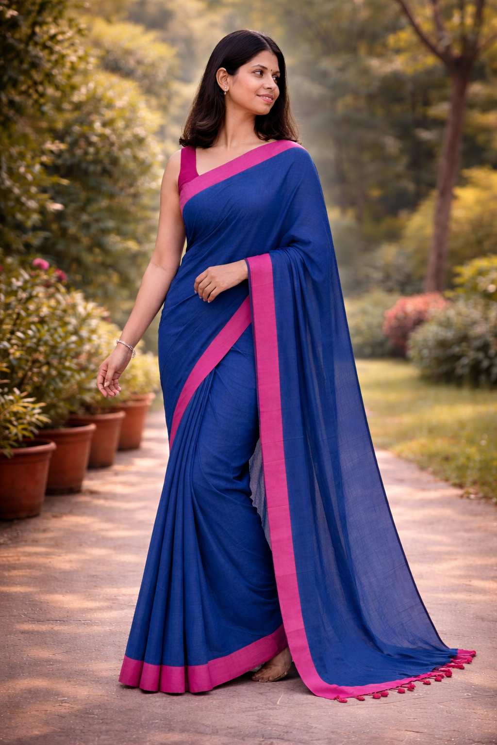 Mal  Cotton Saree in Teal Blue with Pink Border