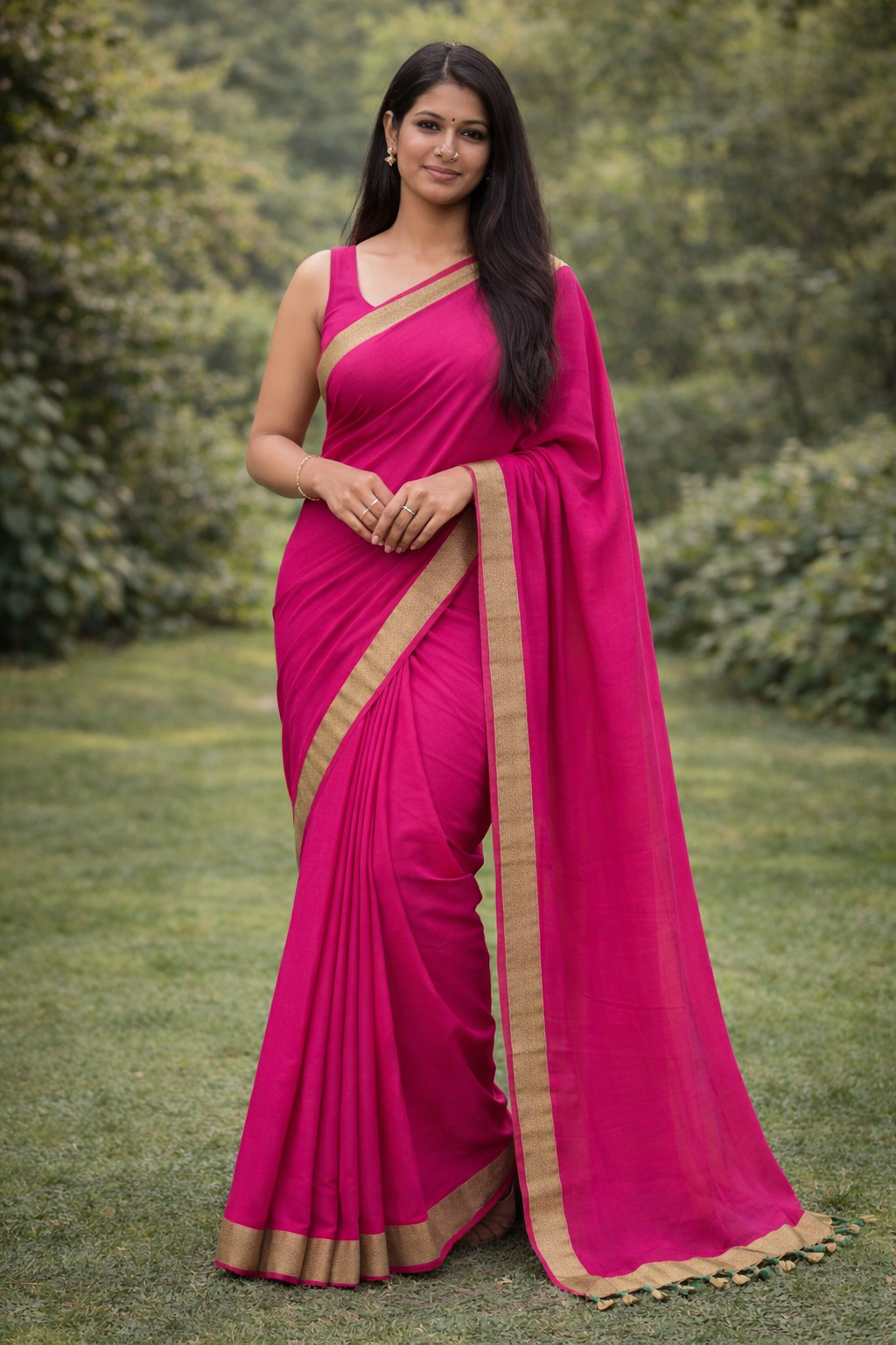 Pink Mal Cotton Saree with Light Green Border