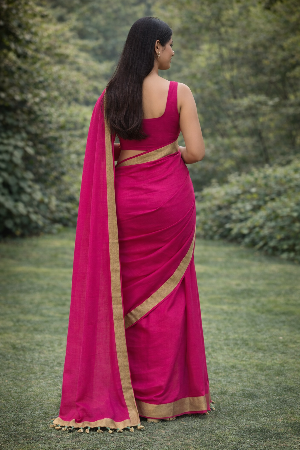 Pink Mal Cotton Saree with Light Green Border