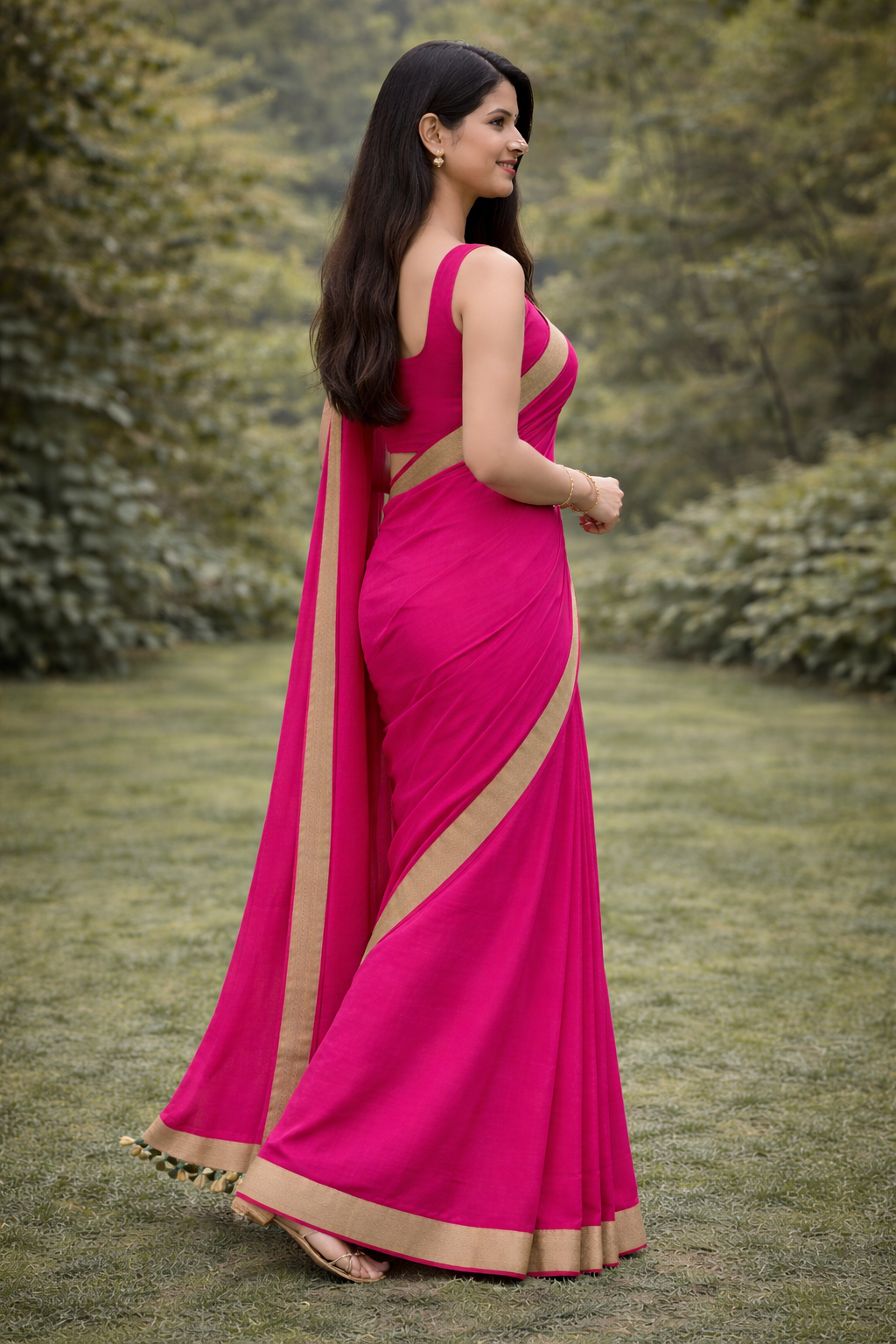 Pink Mal Cotton Saree with Light Green Border
