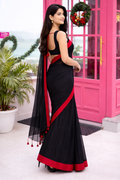 Black Mal Cotton Saree with Contrast Red Border