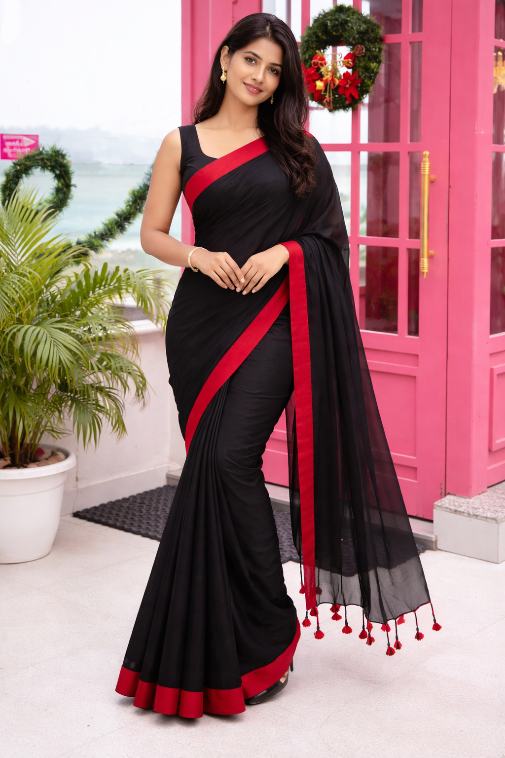 Black Mal Cotton Saree with Contrast Red Border