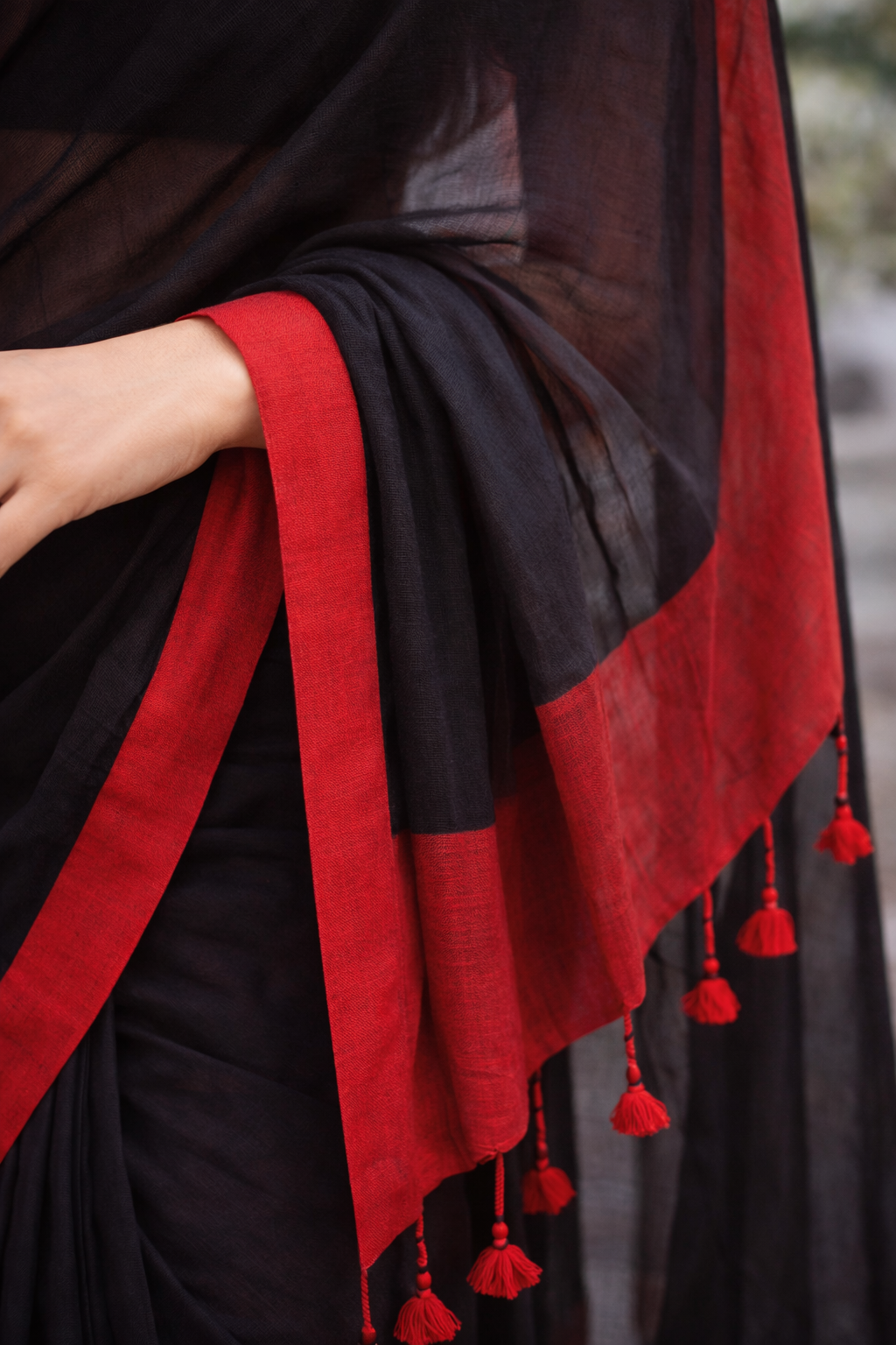 Black Mal Cotton Saree with Contrast Red Border