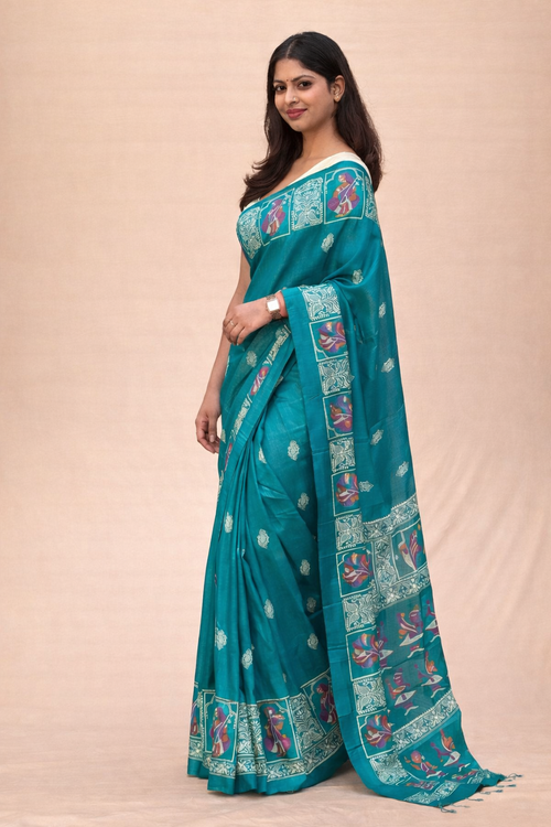 Art Chiffon Printed Saree in Teal Green with Traditional Motifs