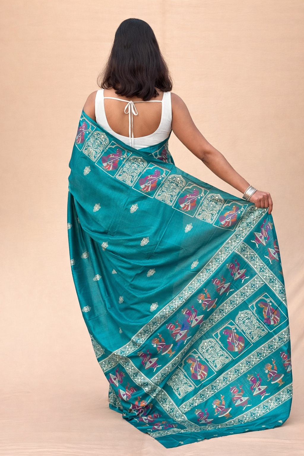 Art Chiffon Printed Saree in Teal Green with Traditional Motifs
