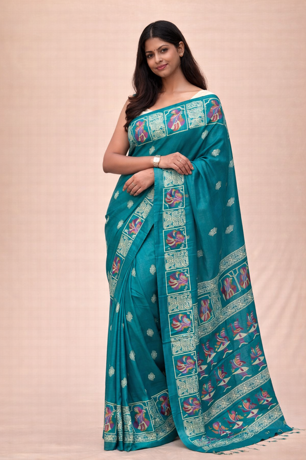 Art Chiffon Printed Saree in Teal Green with Traditional Motifs