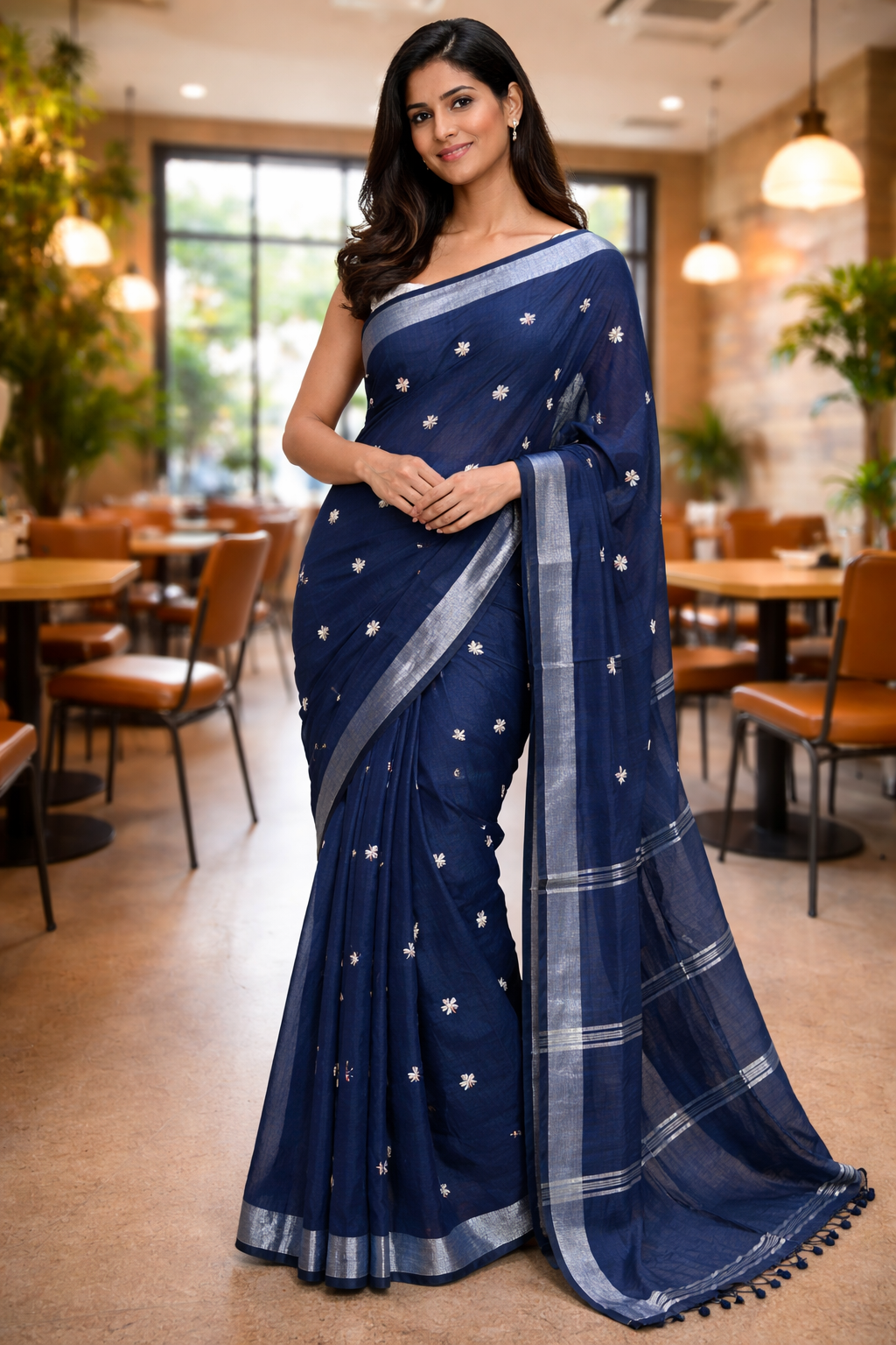 Navy Blue Mal Cotton Saree with Silver Border & Butti Motifs