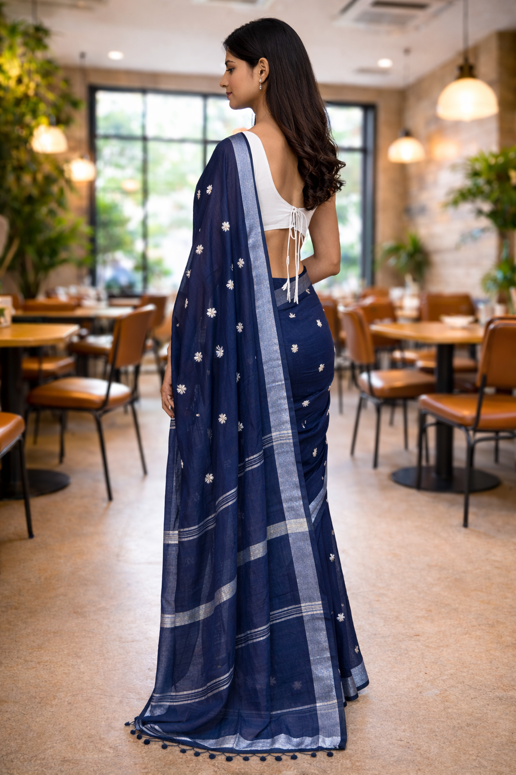 Navy Blue Mal Cotton Saree with Silver Border & Butti Motifs