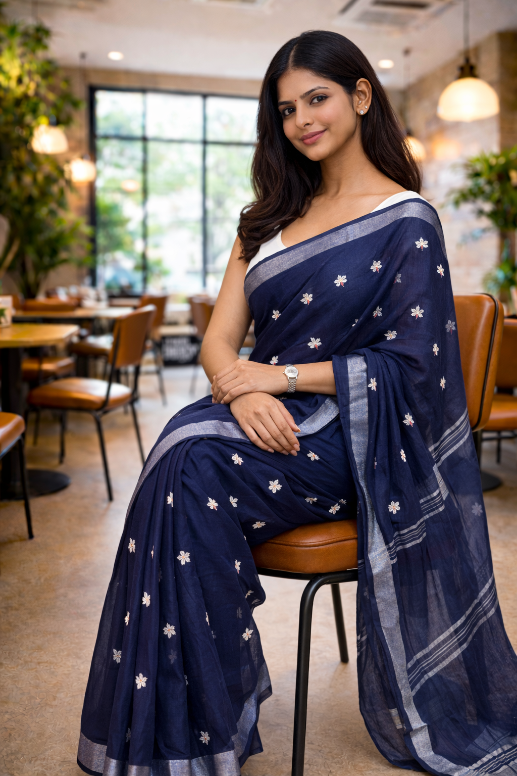 Navy Blue Mal Cotton Saree with Silver Border & Butti Motifs