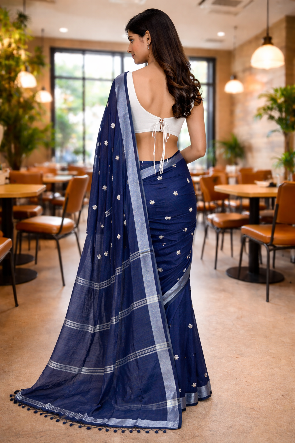 Navy Blue Mal Cotton Saree with Silver Border & Butti Motifs