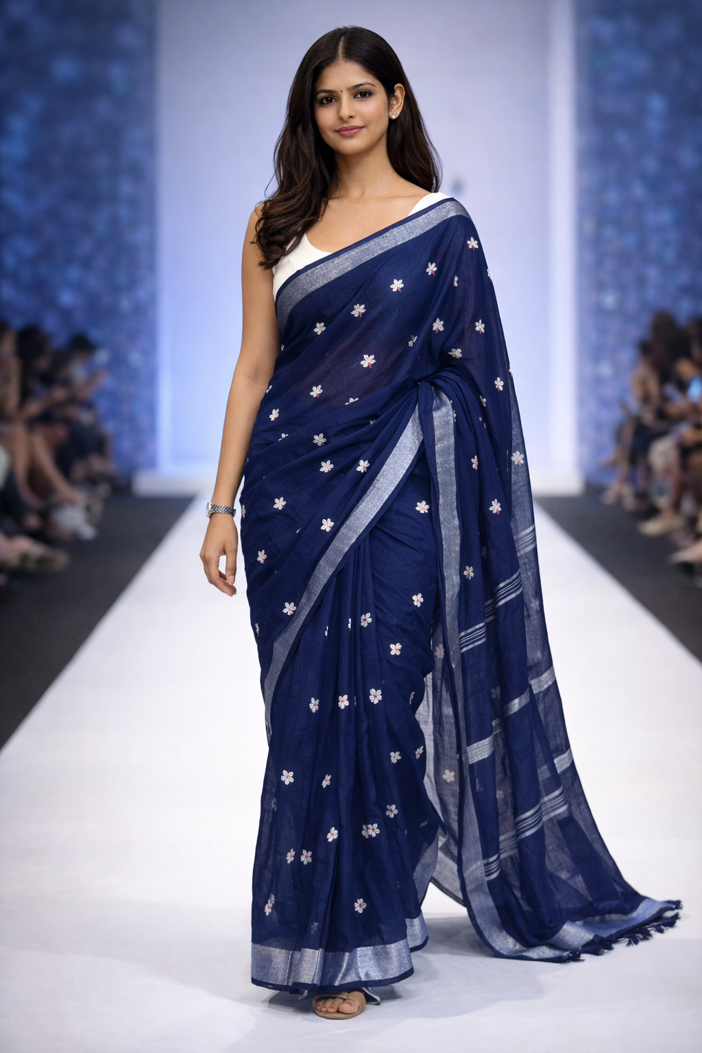 Navy Blue Mal Cotton Saree with Silver Border & Butti Motifs