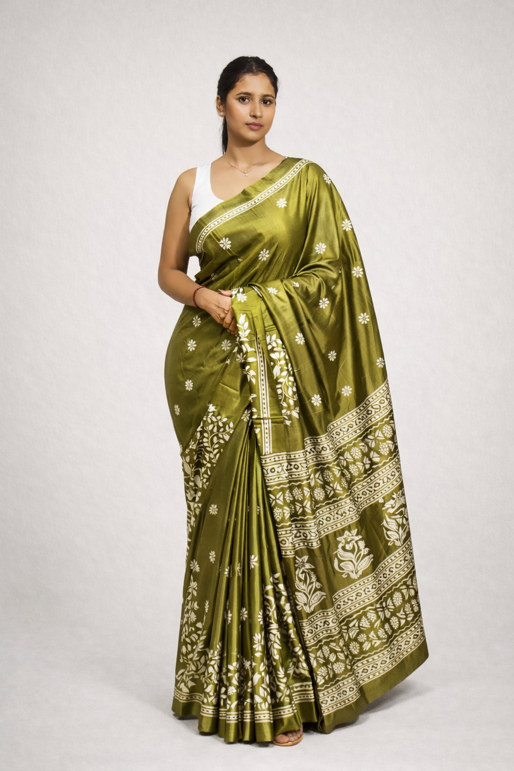 Olive Green Art Chiffon Printed Saree with Floral Motifs