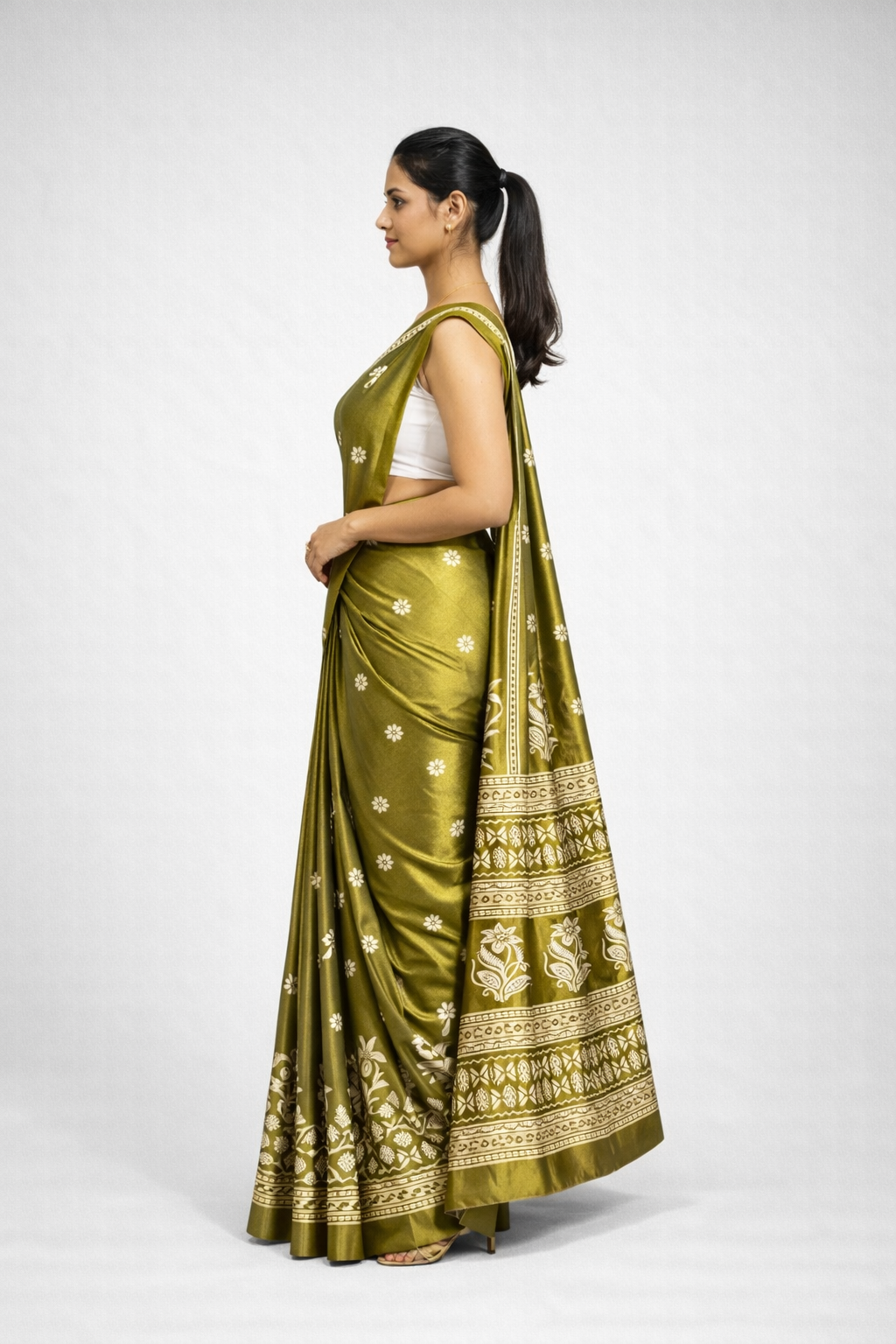Olive Green Art Chiffon Printed Saree with Floral Motifs