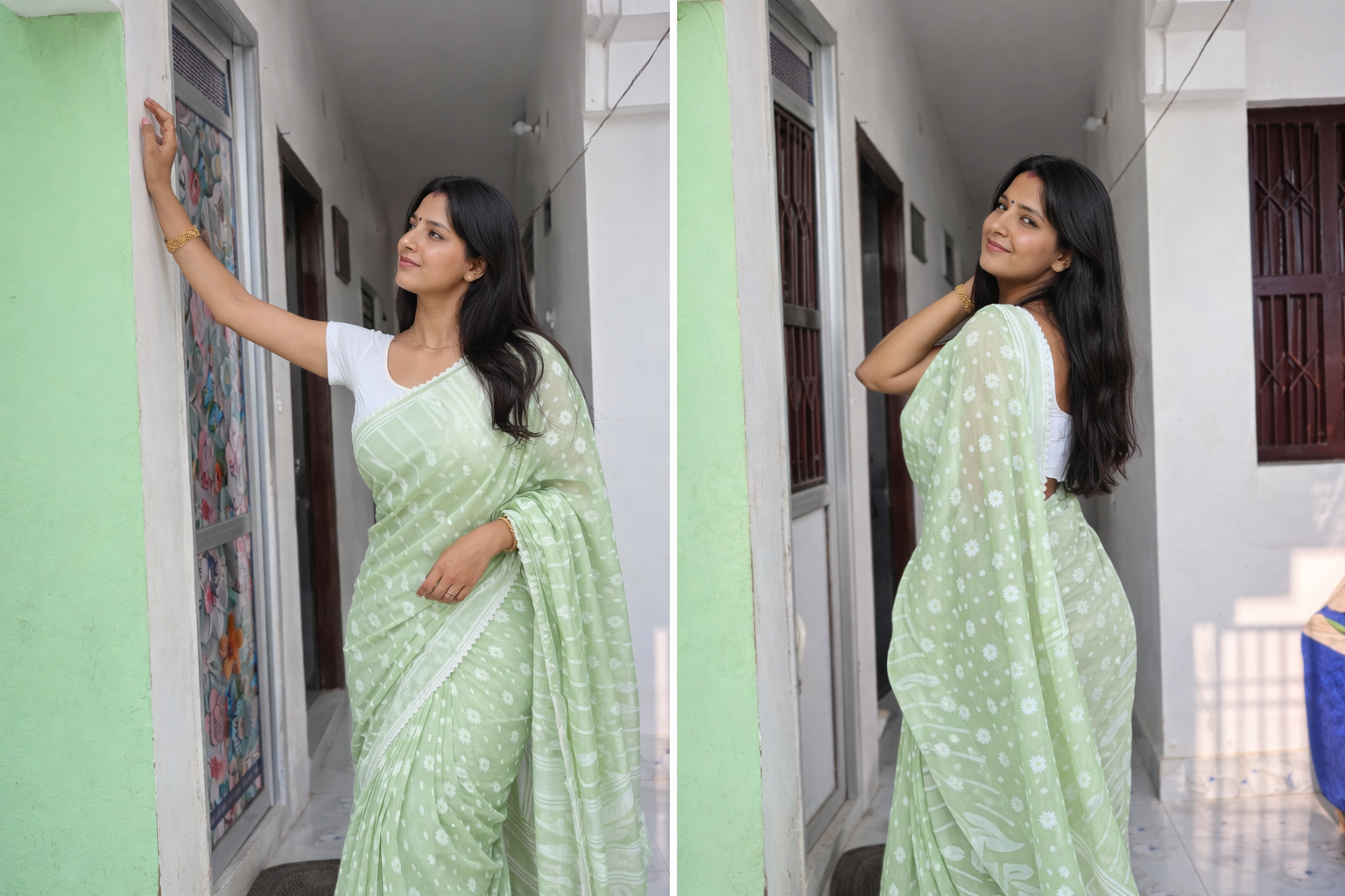 mint green mal cotton saree