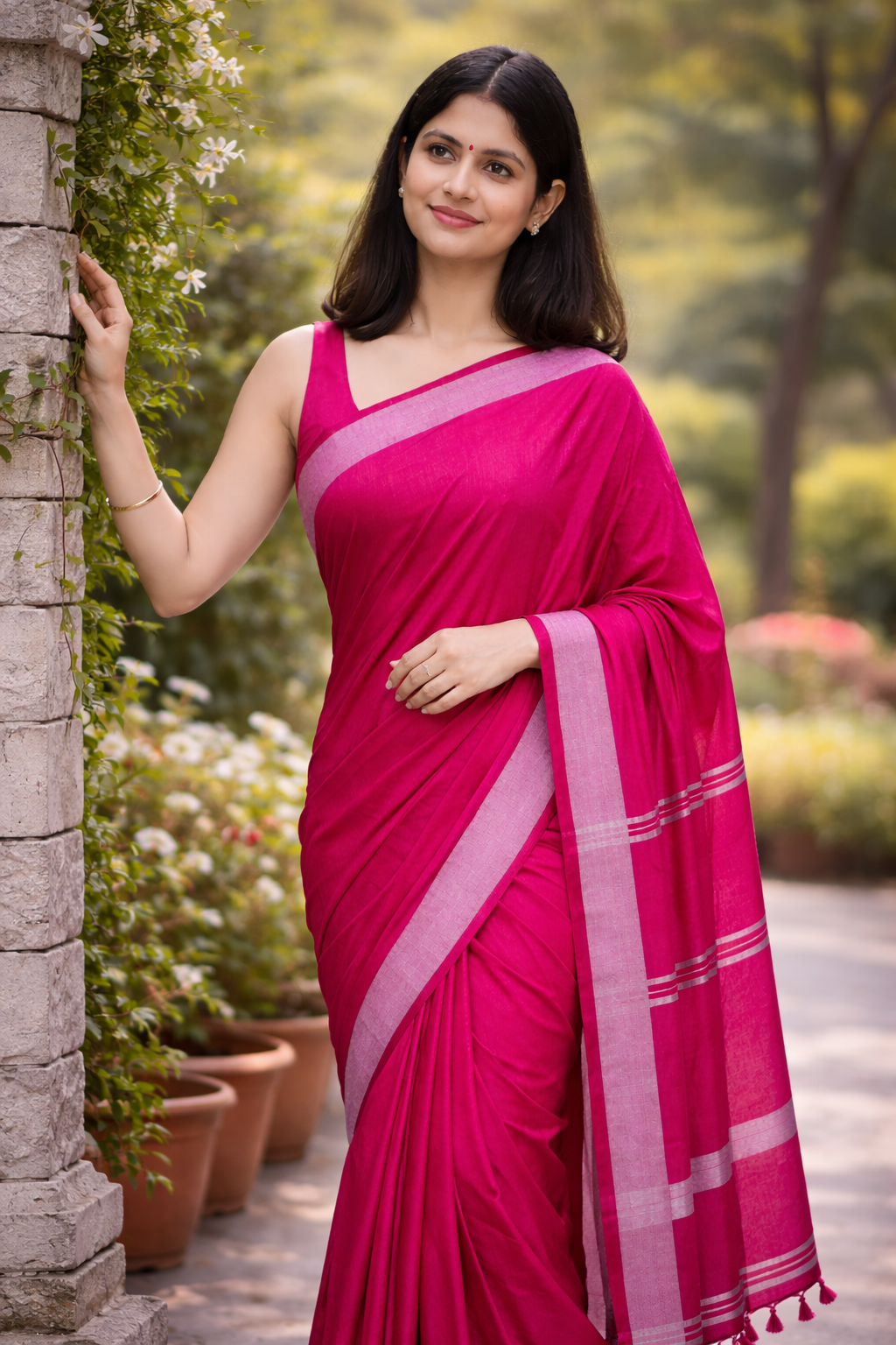 Rani Pink Maal Cotton Saree with Elegant Border