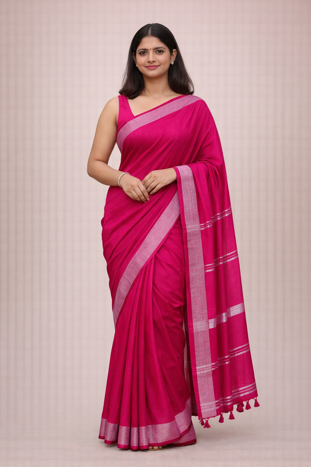 Rani Pink Maal Cotton Saree with Elegant Border