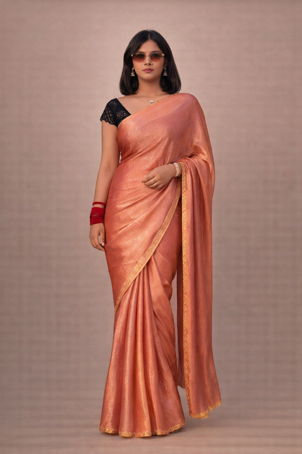 lets party {saree}      Peach Shade Chiffon Saree with golden pearl Border