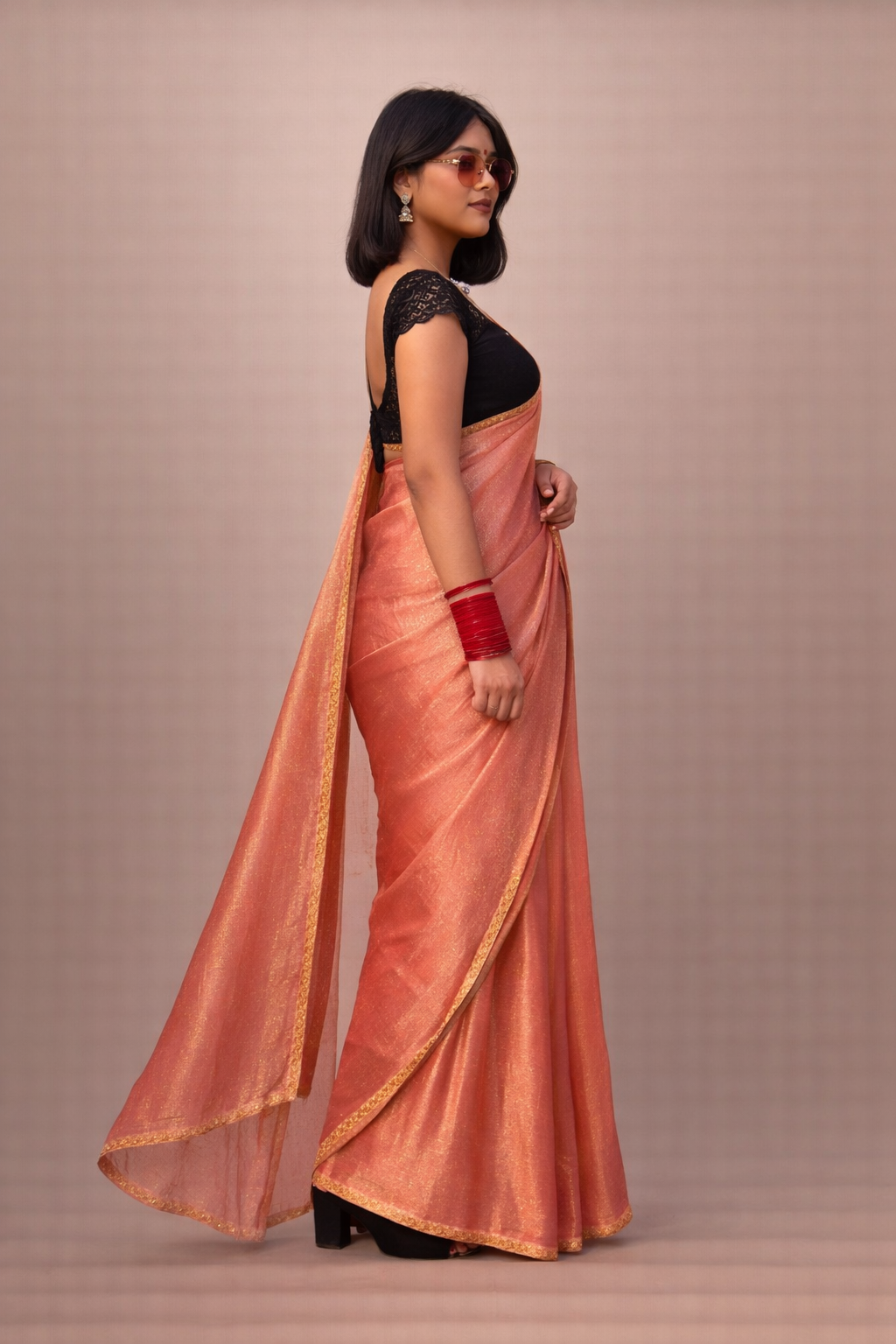 lets party {saree}      Peach Shade Chiffon Saree with golden pearl Border