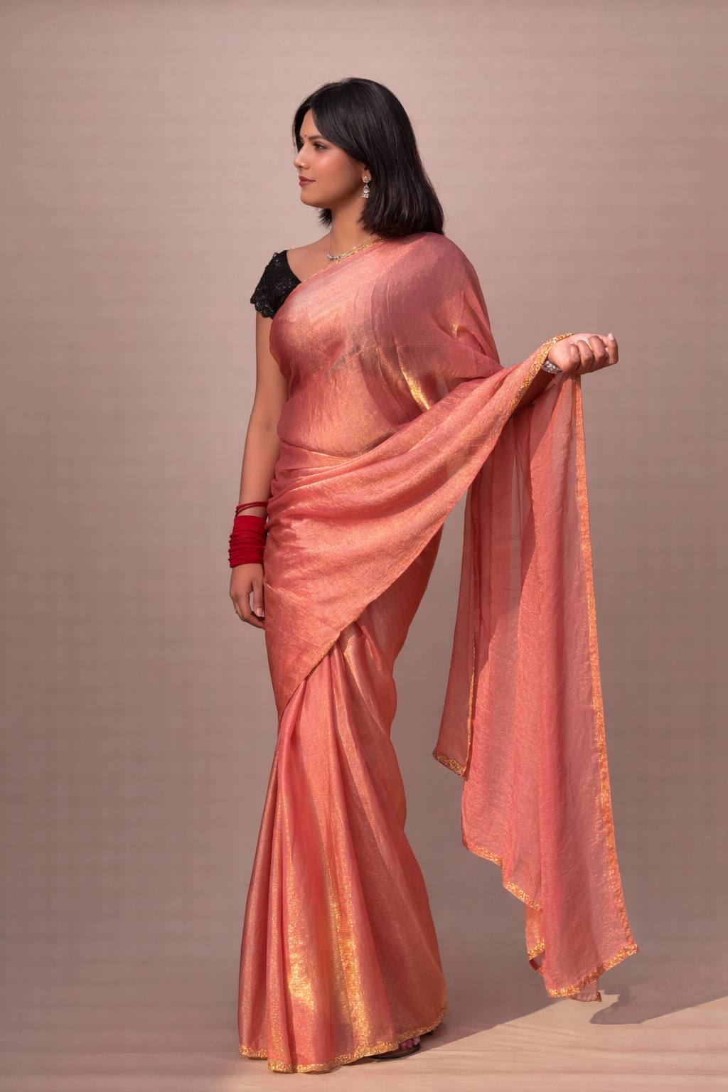 lets party {saree}      Peach Shade Chiffon Saree with golden pearl Border
