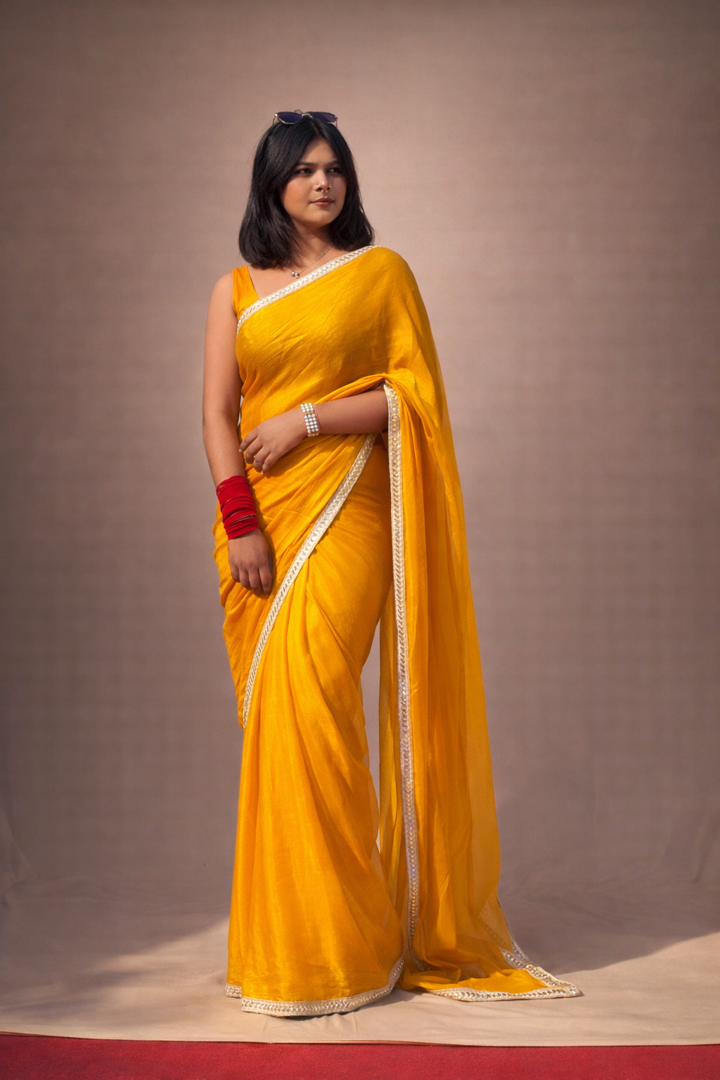 Mustard Yellow Chiffon Saree with Mirror Work Border