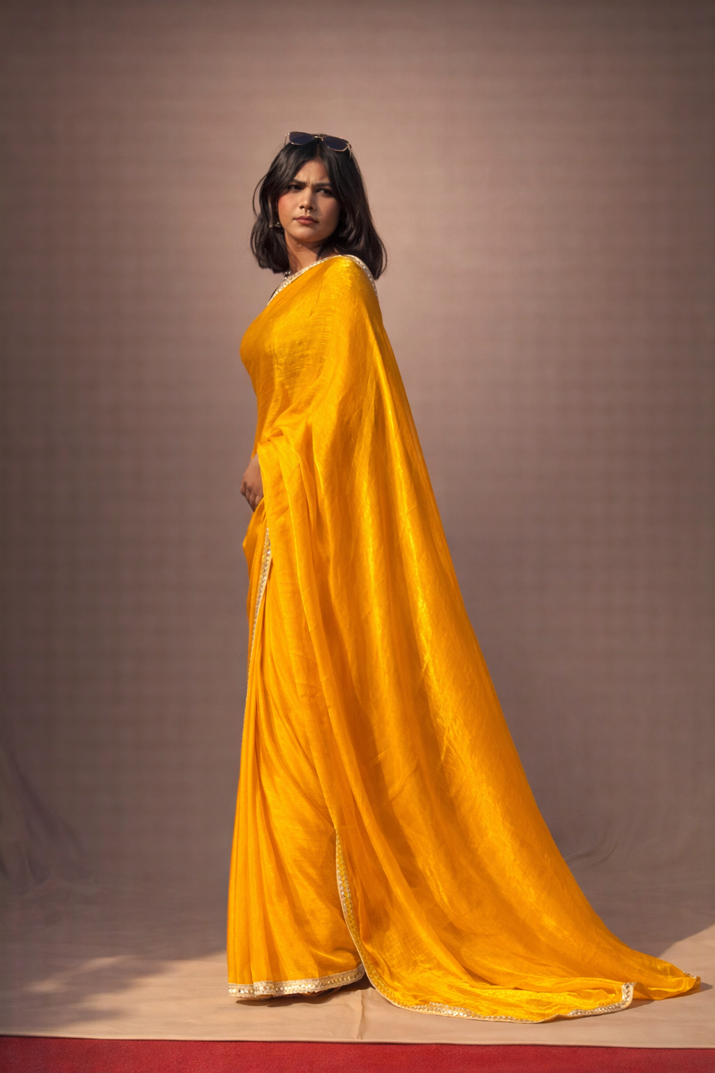 Mustard Yellow Chiffon Saree with Mirror Work Border