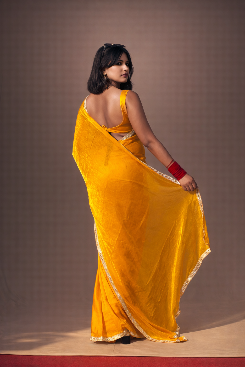 Mustard Yellow Chiffon Saree with Mirror Work Border